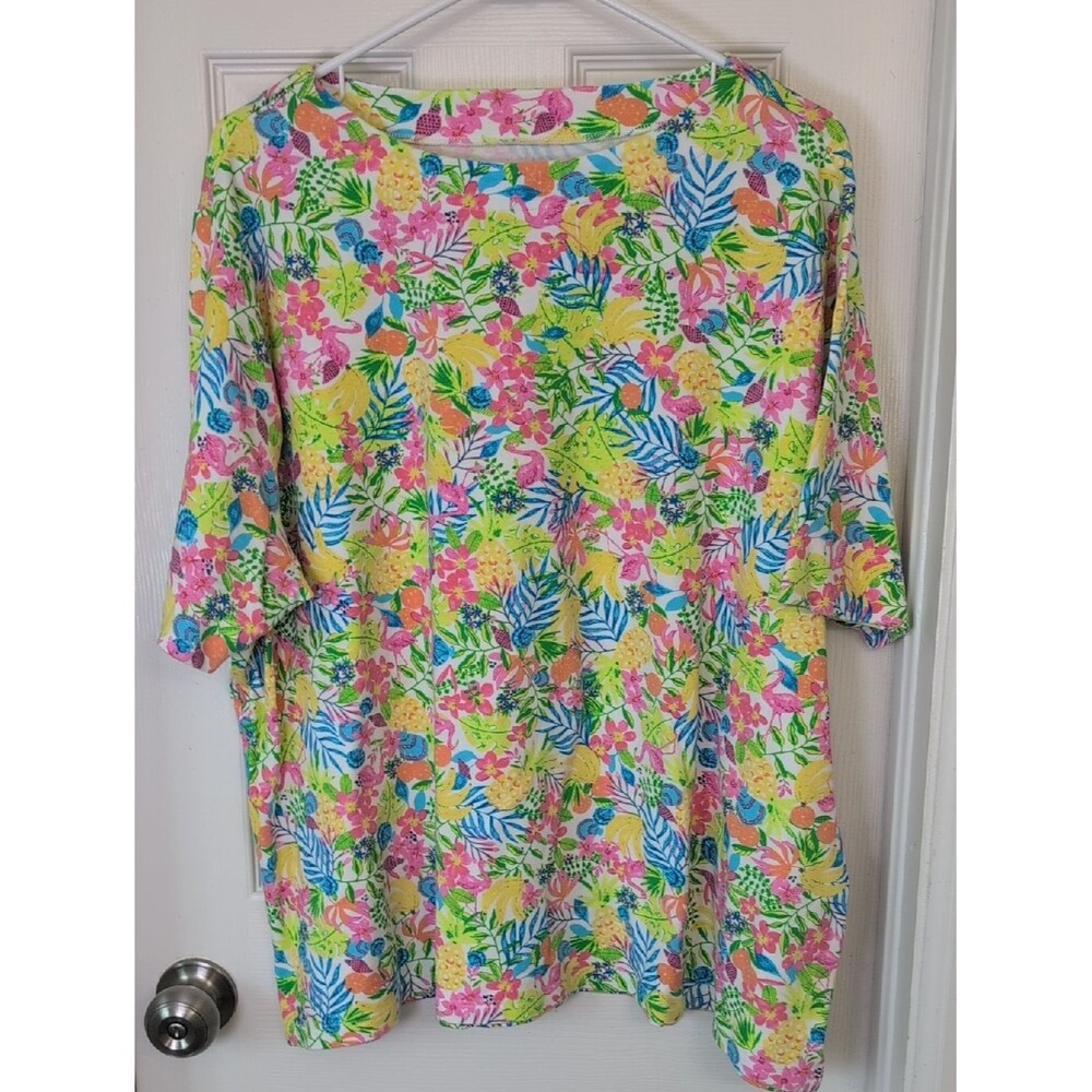 Appleseed's 100% Cotton Bright Pink Yellow Blue Floral Tunic Flamingo